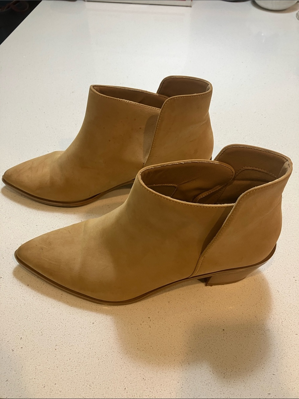 Suede Pointed Toe Ankle Booties in Light Tan